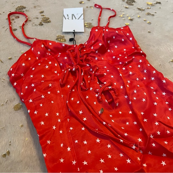 NWT Zara XS Red White Stars Lace Up Bodysuit - Picture 9 of 9
